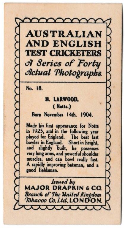 Drapkin & Co - 'Australian and English Cricketers' (1928) - Card #18 - H. Larwood (Notts) Drapkin & Co - 'Australian and English Cricketers' (1928) - Card #18 - H. Larwood (Notts)