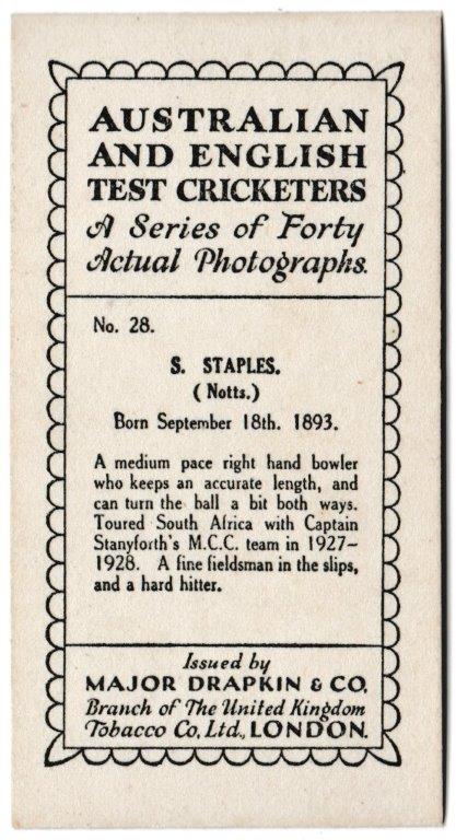 Drapkin & Co - 'Australian and English Cricketers' (1928) - Card #28 - S. Staples (Notts) Drapkin & Co - 'Australian and English Cricketers' (1928) - Card #28 - S. Staples (Notts)