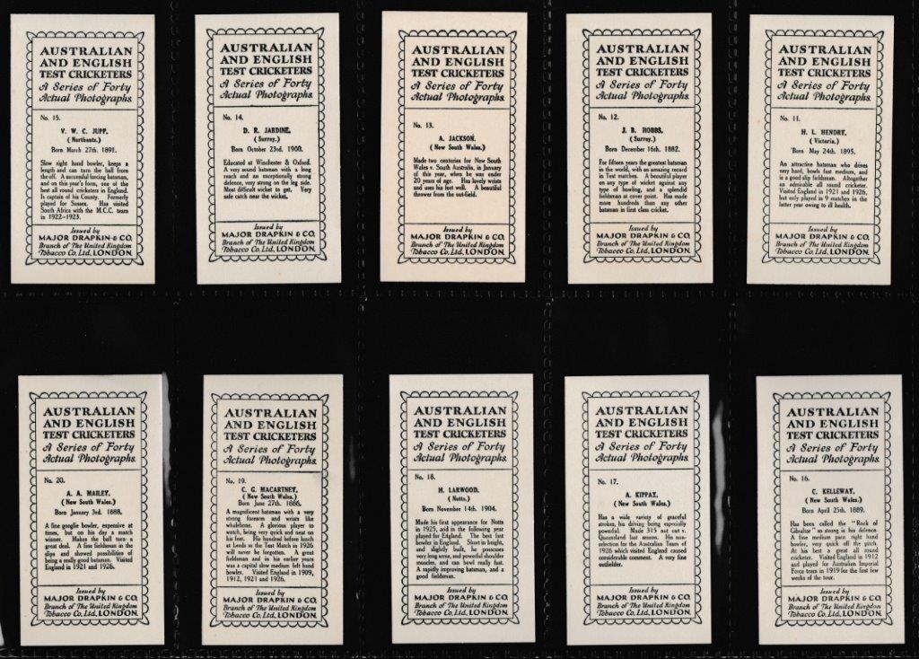 Drapkin & Co - 'Australian & English Cricketers' (1928) - Complete Set Drapkin & Co - 'Australian & English Cricketers' (1928) - Complete Set