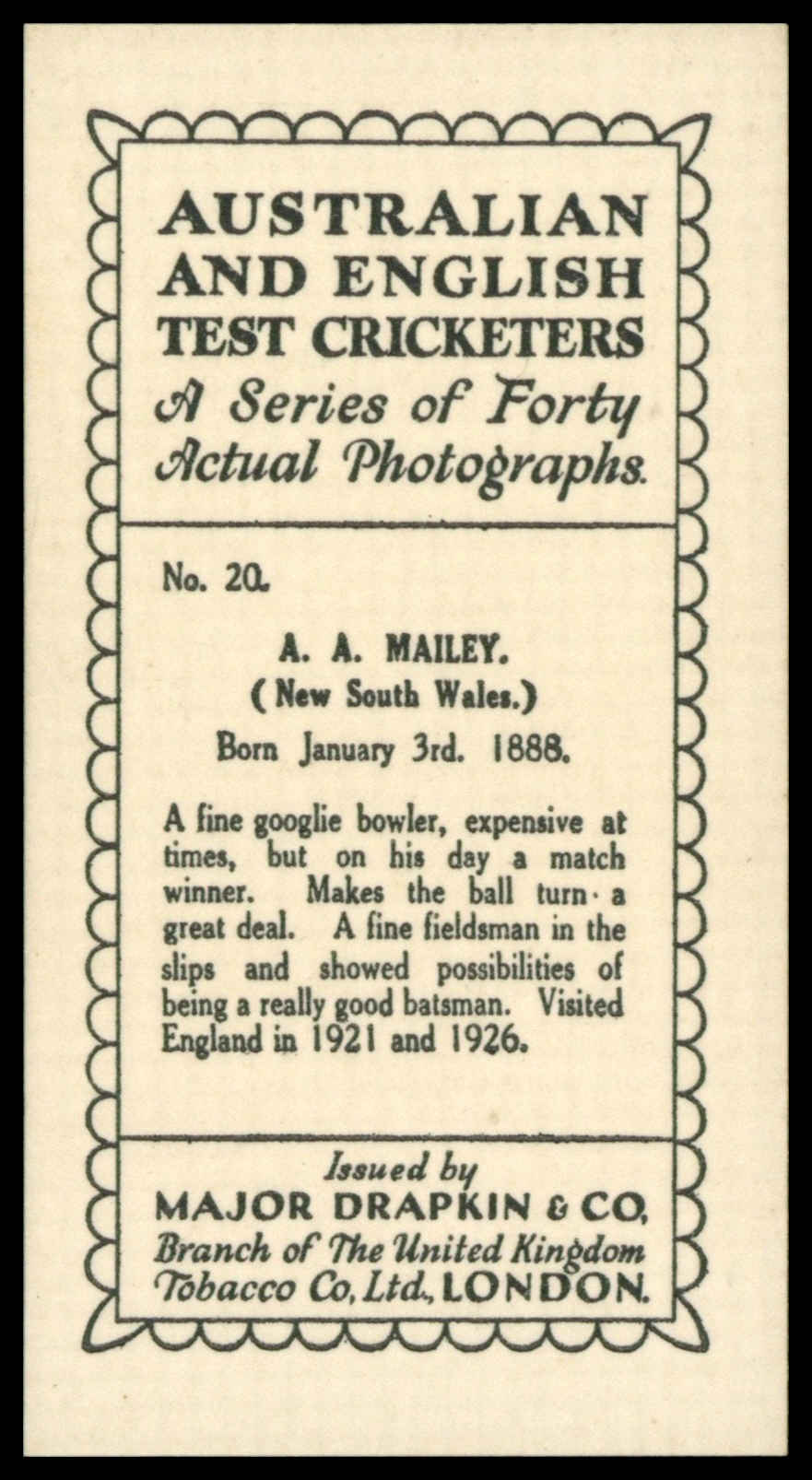 Drapkin - 'Australian and English Test Cricketers' (1928) - A.A. Mailey (New South Wales) Drapkin - 'Australian and English Test Cricketers' (1928) - A.A. Mailey (New South Wales)