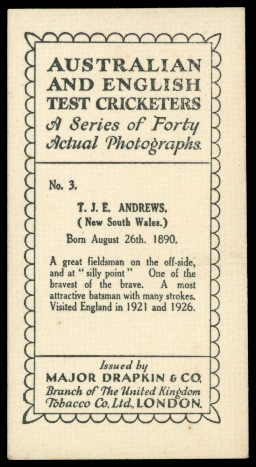 Drapkin - 'Australian and English Test Cricketers' (1928) - T.J.E. Andrews (New South Wales) Drapkin - 'Australian and English Test Cricketers' (1928) - T.J.E. Andrews (New South Wales)