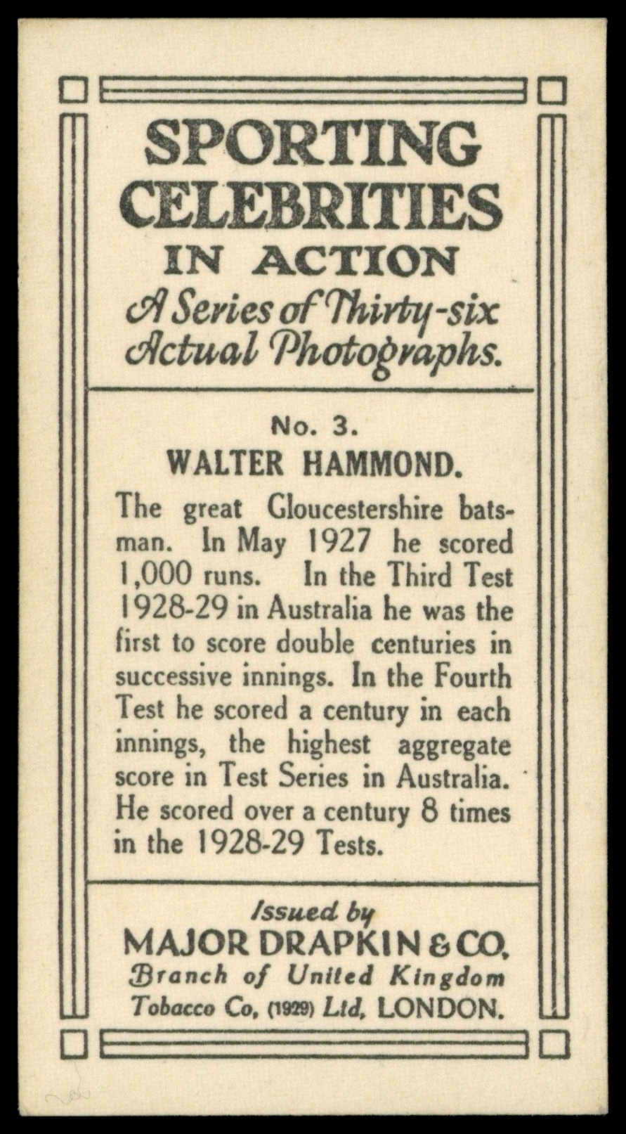 Drapkin - 'Sporting Celebrities in Action' (1930) - Walter Hammond (Gloucestershire) Drapkin - 'Sporting Celebrities in Action' (1930) - Walter Hammond (Gloucestershire)