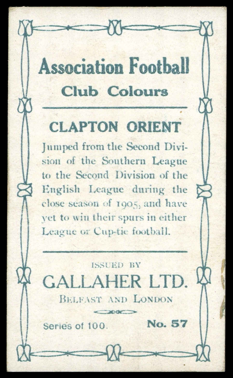 Gallaher - 'Association Football Club Colours (Grey)' - Mark Bell (Clapton Orient) (1910) Gallaher - 'Association Football Club Colours (Grey)' - Mark Bell (Clapton Orient) (1910)