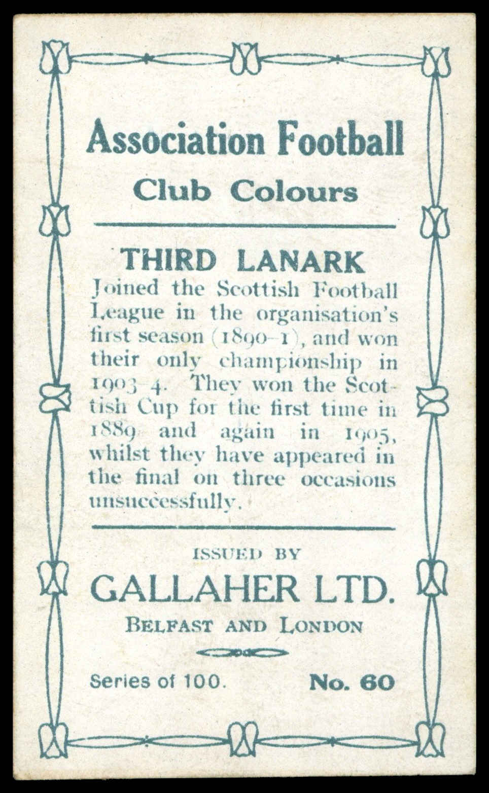 Gallaher - 'Association Football Club Colours (Grey)' - T. Sloan (Third Lanark) (1910) Gallaher - 'Association Football Club Colours (Grey)' - T. Sloan (Third Lanark) (1910)