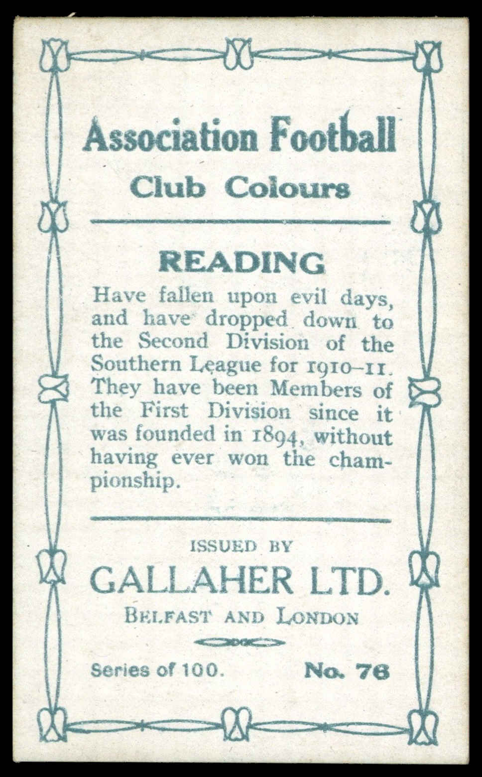 Gallaher - 'Association Football Club Colours (Grey)' - A. West (Reading) (1910) Gallaher - 'Association Football Club Colours (Grey)' - A. West (Reading) (1910)
