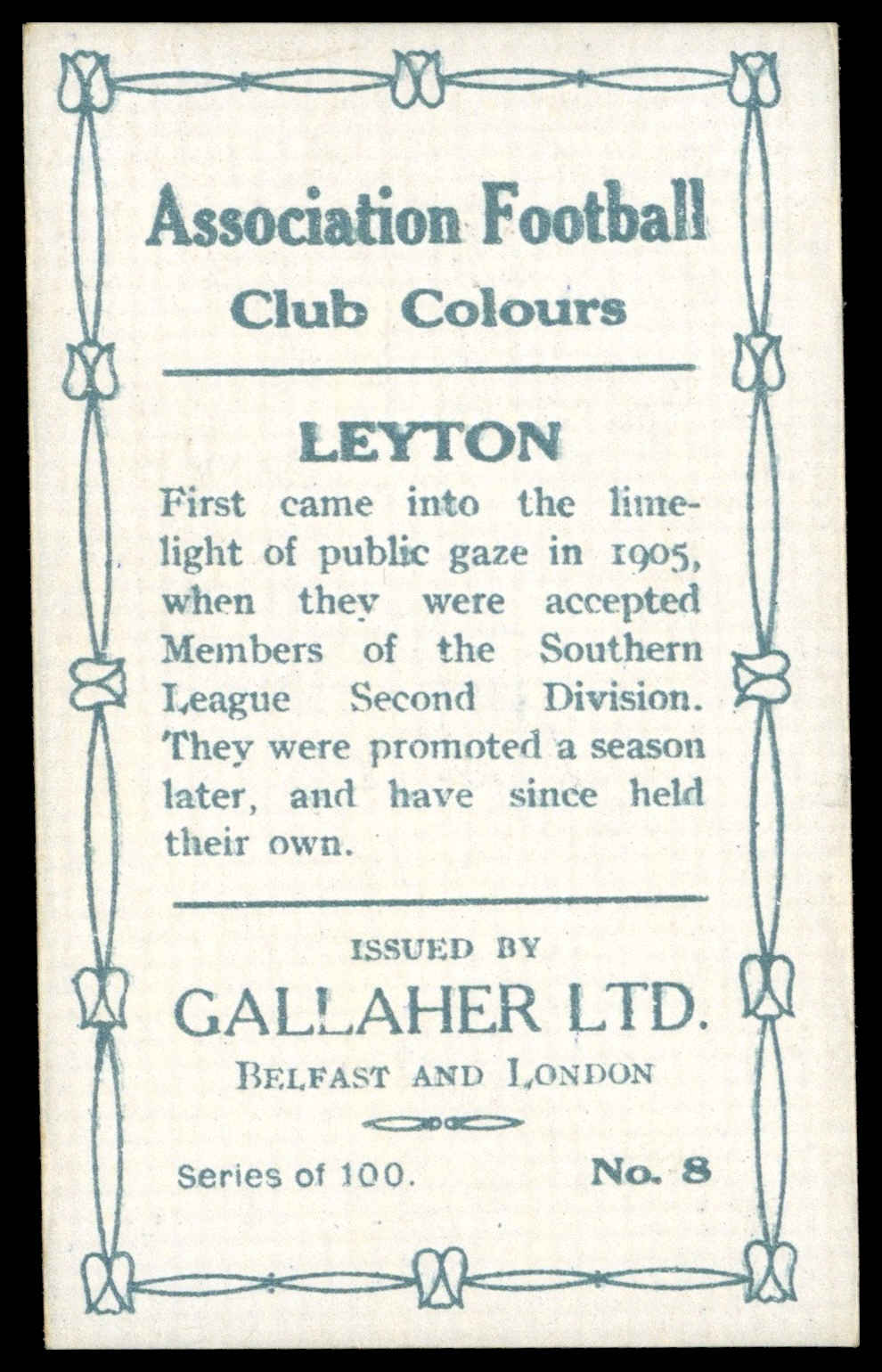 Gallaher - 'Association Football Club Colours (Brown)' - Rev. K.R.G. Hunt (Leyton) (1910) Gallaher - 'Association Football Club Colours (Brown)' - Rev. K.R.G. Hunt (Leyton) (1910)