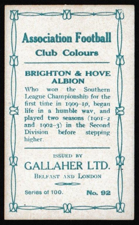 Gallaher - 'Association Football Club Colours' (1910) - J. Leeming (Brighton) Gallaher - 'Association Football Club Colours' (1910) - J. Leeming (Brighton)