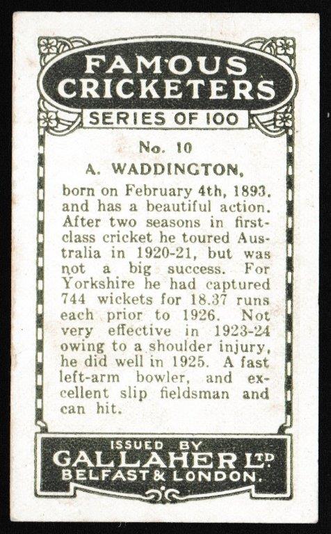 Gallaher - 'Famous Cricketers' (1926) - A. Waddington (Yorkshire) Gallaher - 'Famous Cricketers' (1926) - A. Waddington (Yorkshire)