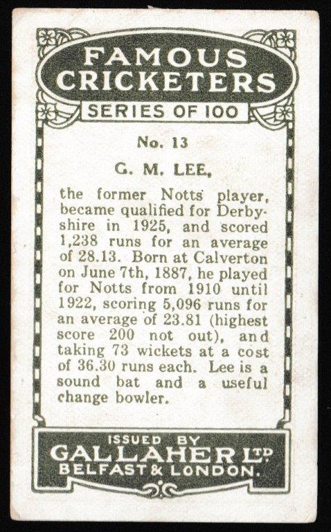 Gallaher - 'Famous Cricketers' (1926) - G.M. Lee (Derbyshire) Gallaher - 'Famous Cricketers' (1926) - G.M. Lee (Derbyshire)