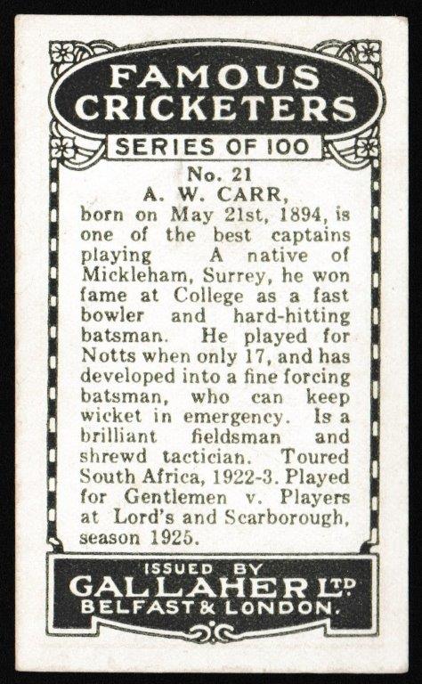 Gallaher - 'Famous Cricketers' (1926) - A.W. Carr (Notts) Gallaher - 'Famous Cricketers' (1926) - A.W. Carr (Notts)