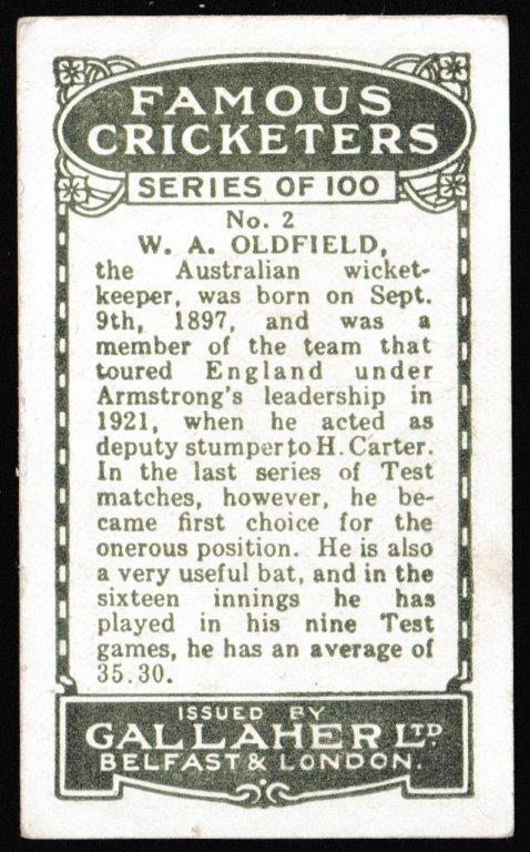 Gallaher - 'Famous Cricketers' (1926) - W.A. Oldfield (New South Wales) Gallaher - 'Famous Cricketers' (1926) - W.A. Oldfield (New South Wales)