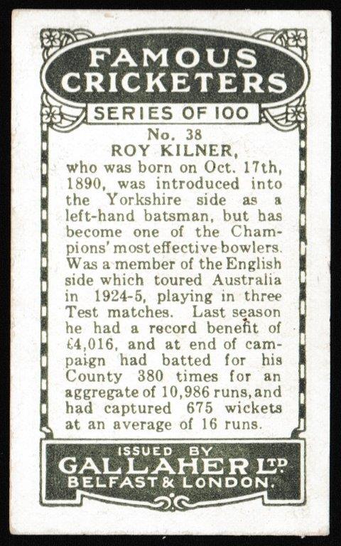 Gallaher - 'Famous Cricketers' (1926) - R. Kilner (Yorkshire) Gallaher - 'Famous Cricketers' (1926) - R. Kilner (Yorkshire)