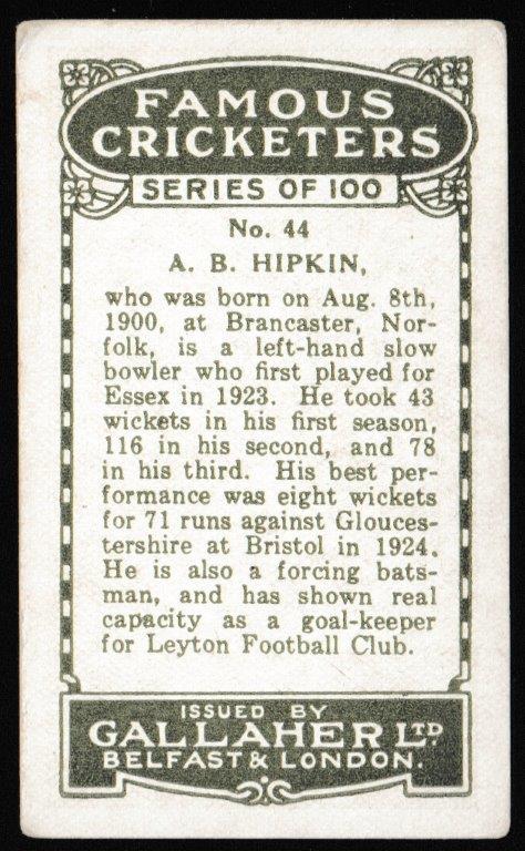 Gallaher - 'Famous Cricketers' (1926) - A.B. Hipkin (Essex) Gallaher - 'Famous Cricketers' (1926) - A.B. Hipkin (Essex)