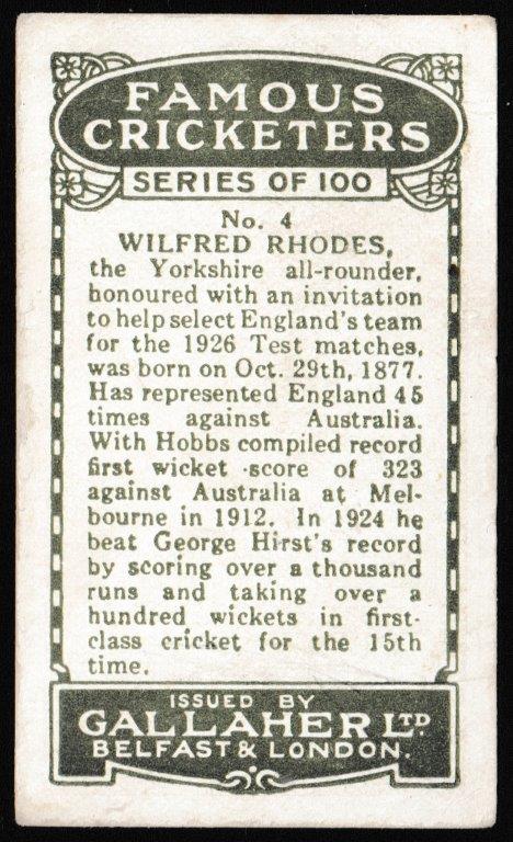 Gallaher - 'Famous Cricketers' (1926) - W. Rhodes (Yorkshire) Gallaher - 'Famous Cricketers' (1926) - W. Rhodes (Yorkshire)