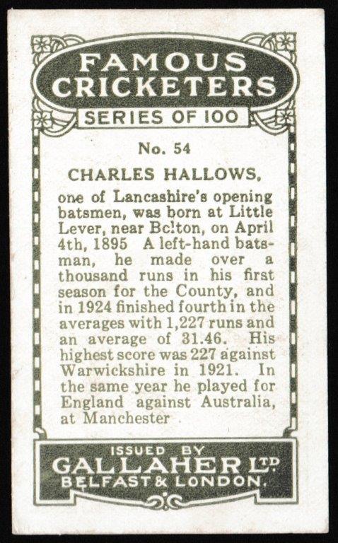 Gallaher - 'Famous Cricketers' (1926) - C. Hallows (Lancashire) Gallaher - 'Famous Cricketers' (1926) - C. Hallows (Lancashire)