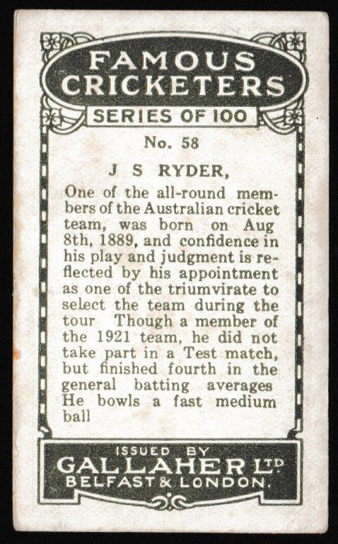 Gallaher - 'Famous Cricketers' (1926) - J.S. Ryder (Victoria) Gallaher - 'Famous Cricketers' (1926) - J.S. Ryder (Victoria)