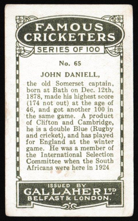 Gallaher - 'Famous Cricketers' (1926) - J. Daniel (Somerset) Gallaher - 'Famous Cricketers' (1926) - J. Daniel (Somerset)