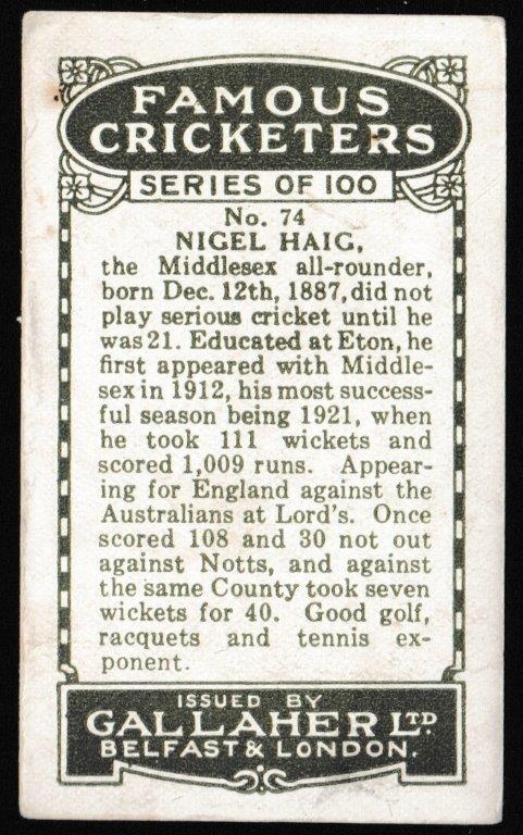 Gallaher - 'Famous Cricketers' (1926) - N. Haig (Middlesex) Gallaher - 'Famous Cricketers' (1926) - N. Haig (Middlesex)