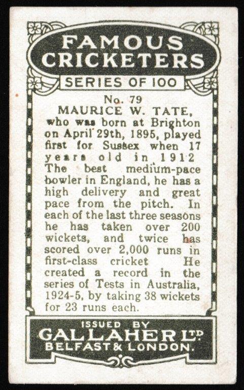 Gallaher - 'Famous Cricketers' (1926) - M.W. Tate (Sussex) Gallaher - 'Famous Cricketers' (1926) - M.W. Tate (Sussex)