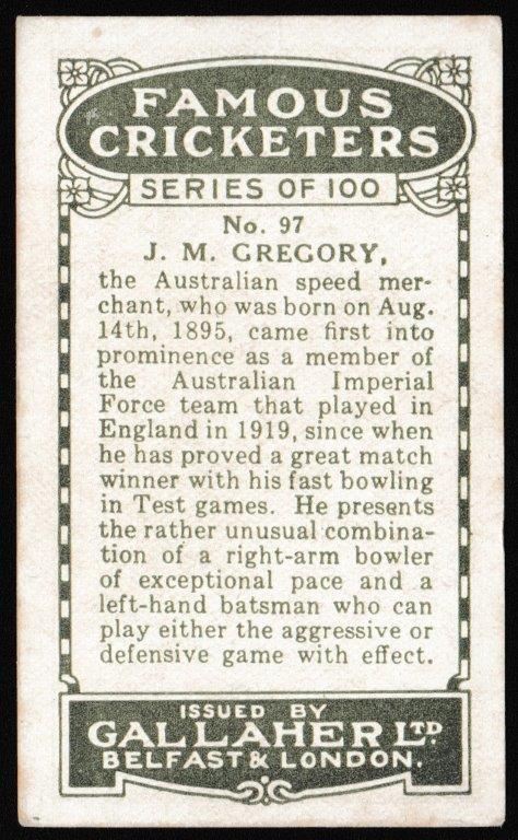 Gallaher - 'Famous Cricketers' (1926) - J.M. Gregory (New South Wales) Gallaher - 'Famous Cricketers' (1926) - J.M. Gregory (New South Wales)