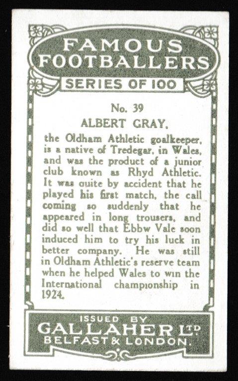 Gallaher - 'Famous Footballers (Green)' (1925) - Albert Gray (Oldham Athletic) Gallaher - 'Famous Footballers (Green)' (1925) - Albert Gray (Oldham Athletic)