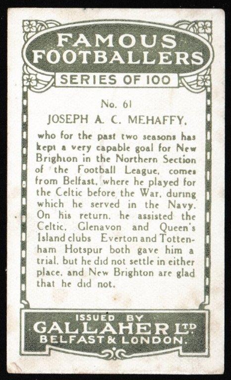 Gallaher - 'Famous Footballers (Green)' (1925) - Jospeh A.C. Mehaffy (New Brighton) Gallaher - 'Famous Footballers (Green)' (1925) - Jospeh A.C. Mehaffy (New Brighton)