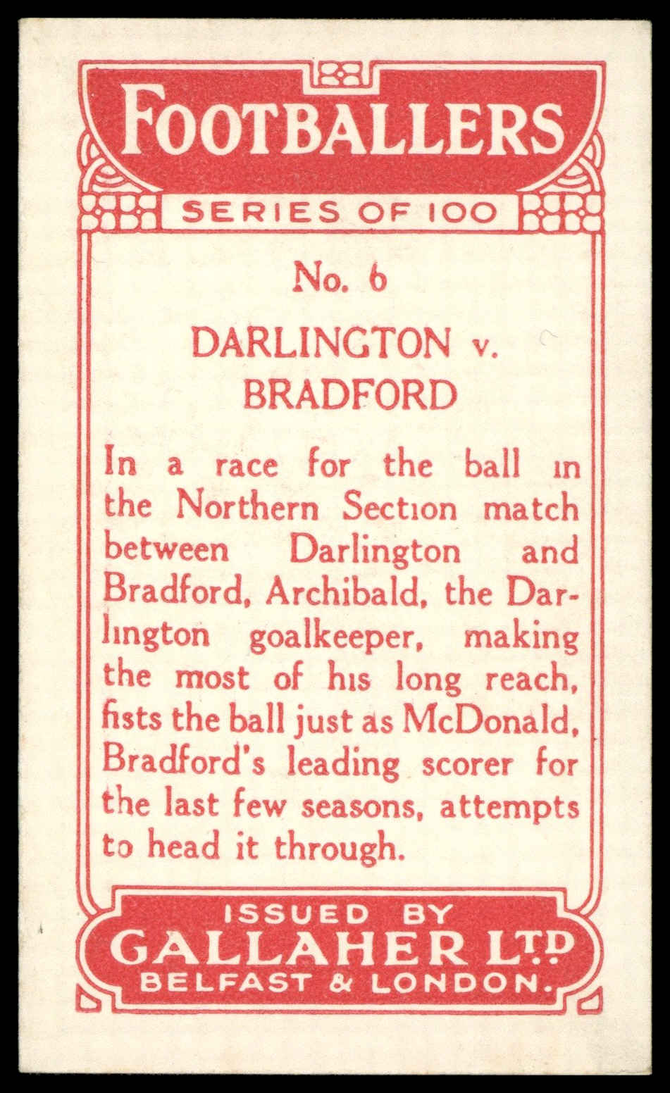 Gallaher - 'Footballers (Red)' (1928) - Darlington v Bradford Gallaher - 'Footballers (Red)' (1928) - Darlington v Bradford