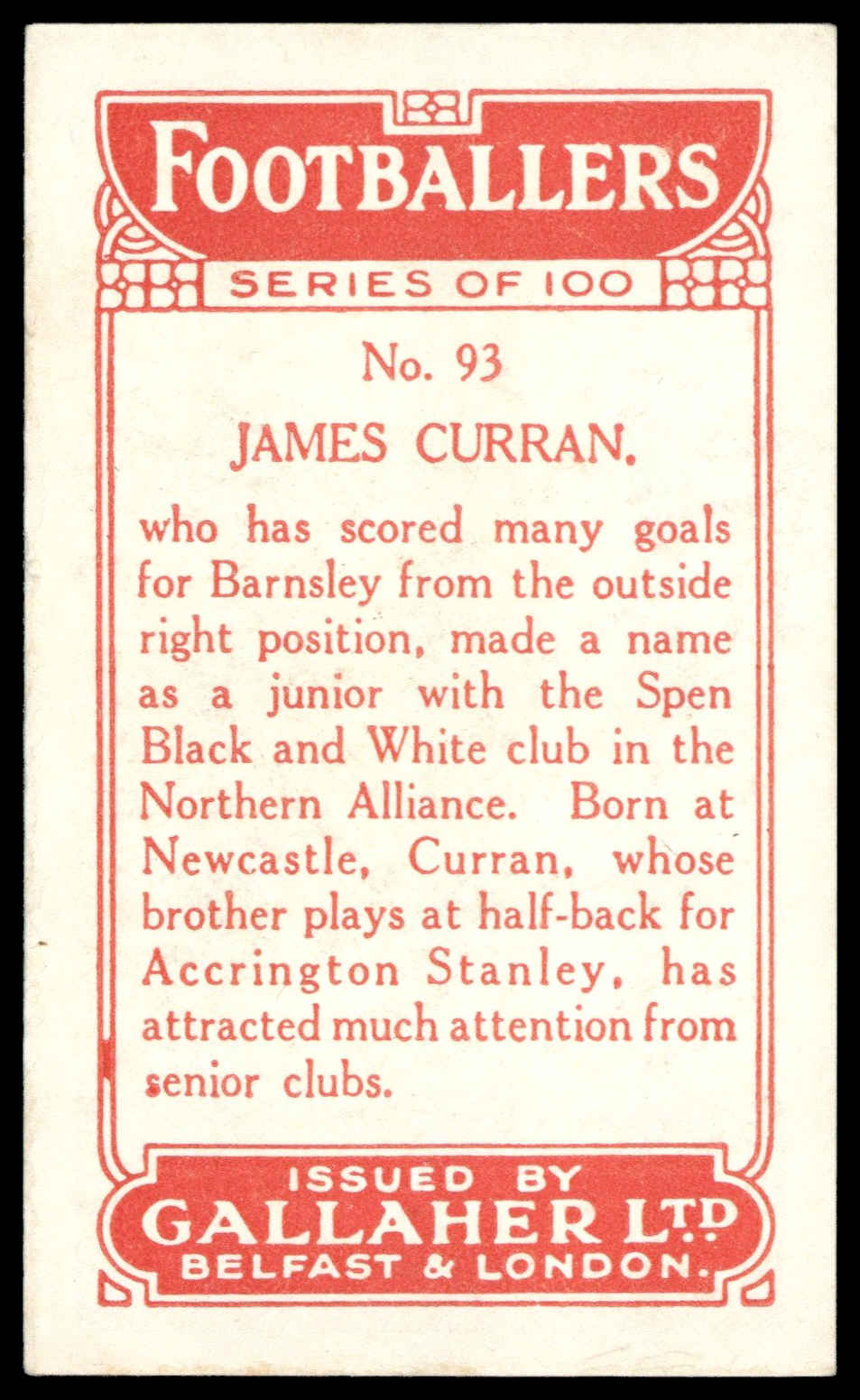 Gallaher - 'Footballers (Red)' (1928) - J. Curran (Barnsley) Gallaher - 'Footballers (Red)' (1928) - J. Curran (Barnsley)