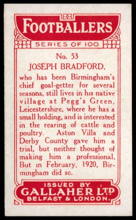 Gallaher - 'Footballers (Red)' (1928) - J. Bradford (Birmingham City) Gallaher - 'Footballers (Red)' (1928) - J. Bradford (Birmingham City)