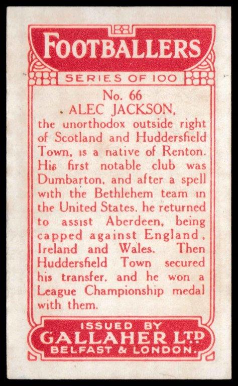 Gallaher - 'Footballers (Red)' (1928) - A. Jackson (Huddersfield Town) Gallaher - 'Footballers (Red)' (1928) - A. Jackson (Huddersfield Town)