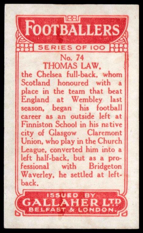 Gallaher - 'Footballers (Red)' (1928) - T. Law (Chelsea) Gallaher - 'Footballers (Red)' (1928) - T. Law (Chelsea)