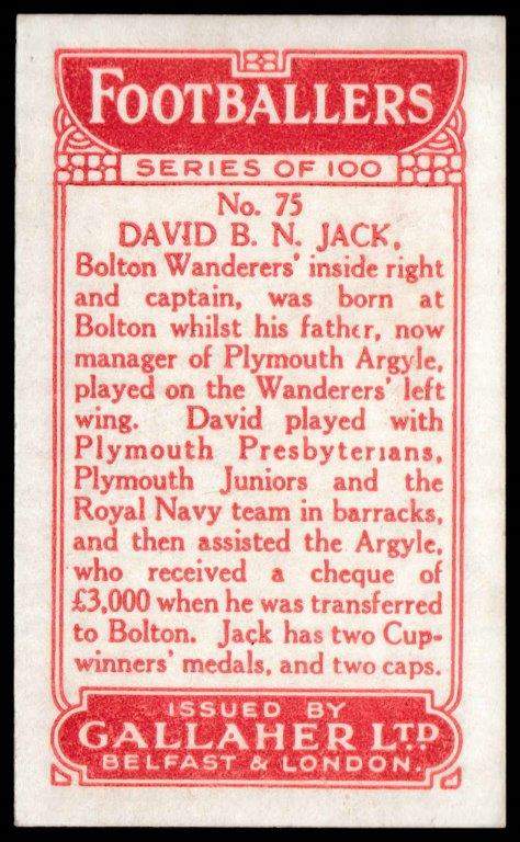 Gallaher - 'Footballers (Red)' (1928) - D.B.N. Jack (Bolton Wanderers) Gallaher - 'Footballers (Red)' (1928) - D.B.N. Jack (Bolton Wanderers)
