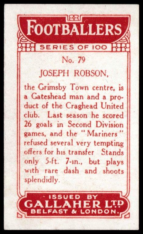 Gallaher - 'Footballers (Red)' (1928) - J. Robson (Grimsby Town) Gallaher - 'Footballers (Red)' (1928) - J. Robson (Grimsby Town)
