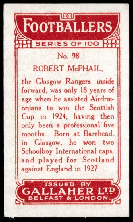 Gallaher - 'Footballers (Red)' (1928) - R. McPhail (Glasgow Rangers) Gallaher - 'Footballers (Red)' (1928) - R. McPhail (Glasgow Rangers)