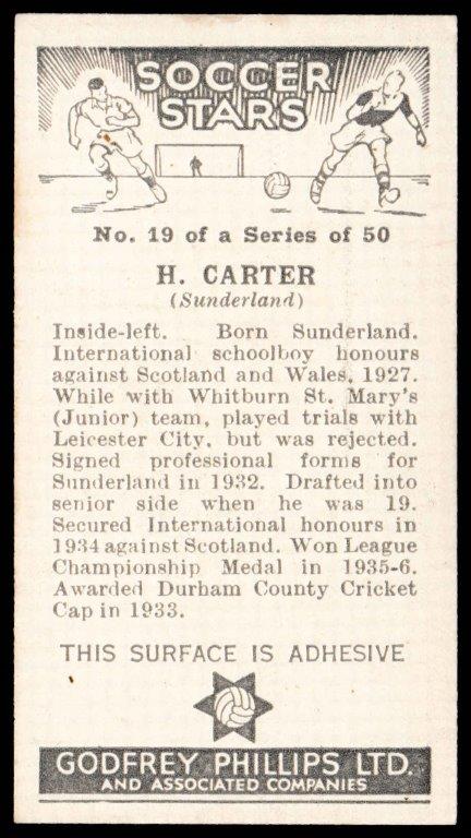 Phillips (Godfrey) - 'Soccer Stars' - Card #19 - H. Carter (Sunderland) Phillips (Godfrey) - 'Soccer Stars' - Card #19 - H. Carter (Sunderland)