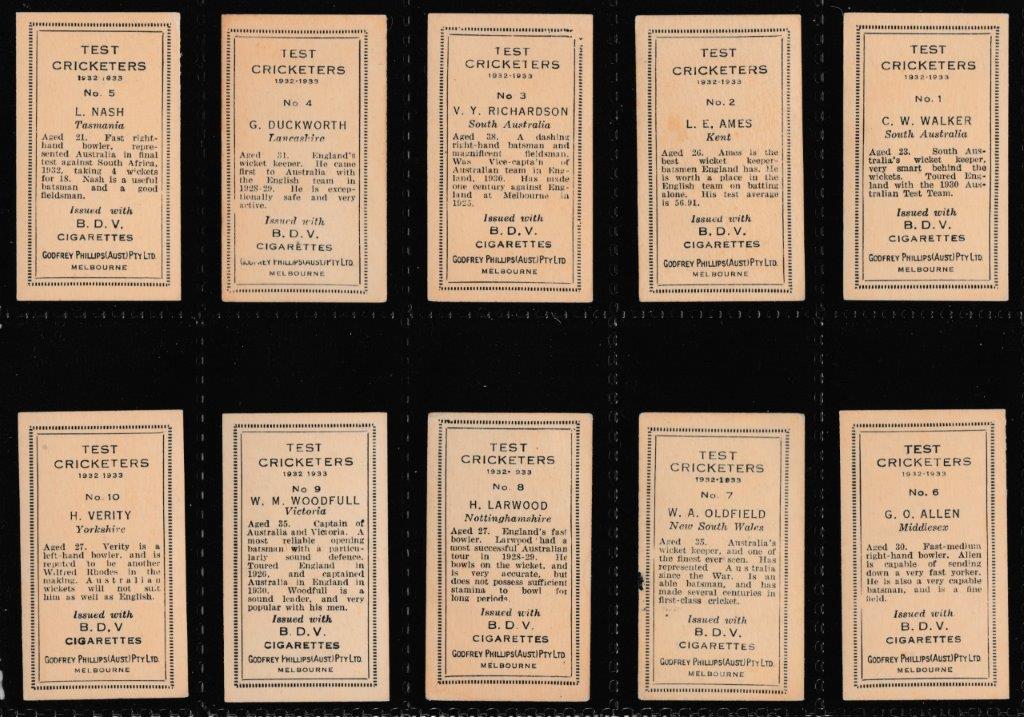 Phillips (Godfrey) - 'Test Cricketers 1932-1933 (BDV)' - (1932) - Complete Set Phillips (Godfrey) - 'Test Cricketers 1932-1933 (BDV)' - (1932) - Complete Set