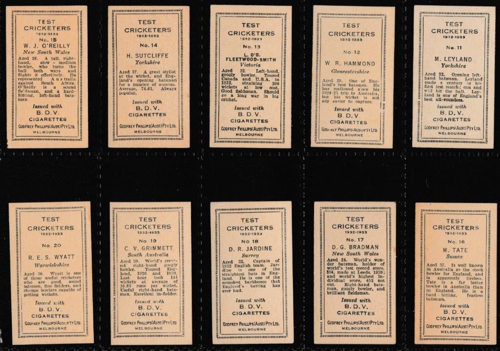 Phillips (Godfrey) - 'Test Cricketers 1932-1933 (BDV)' - (1932) - Complete Set Phillips (Godfrey) - 'Test Cricketers 1932-1933 (BDV)' - (1932) - Complete Set