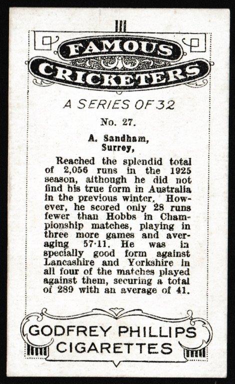Phillips (Godfrey) - 'Famous Cricketers' (1926) - A. Sandham (Surrey) Phillips (Godfrey) - 'Famous Cricketers' (1926) - A. Sandham (Surrey)