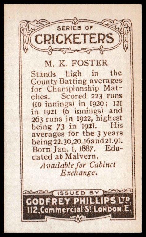 Phillips (Godfrey) - 'Cricketers (Brown) Card #102-C - M.K. Foster (Worcestershire) Phillips (Godfrey) - 'Cricketers (Brown) Card #102-C - M.K. Foster (Worcestershire)