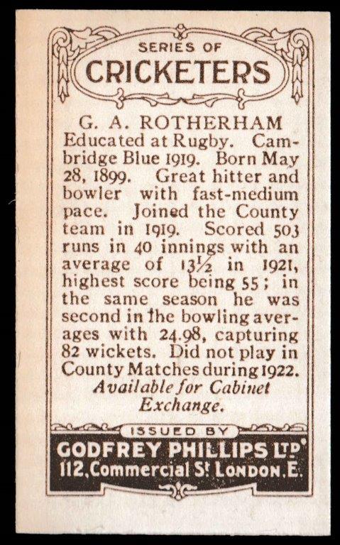 Phillips (Godfrey) - 'Cricketers (Brown) Card #145-C - G.A. Rotherham (Warks) Phillips (Godfrey) - 'Cricketers (Brown) Card #145-C - G.A. Rotherham (Warks)
