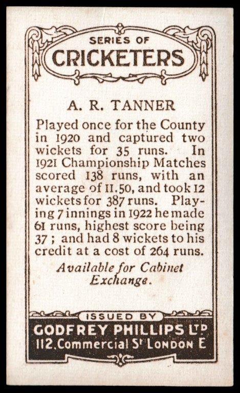 Phillips (Godfrey) - 'Cricketers (Brown) Card #146-C - A.R. Tanner (Middlesex) Phillips (Godfrey) - 'Cricketers (Brown) Card #146-C - A.R. Tanner (Middlesex)