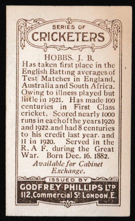 Phillips (Godfrey) - 'Cricketers (Brown) Card #16-C - J.B. Hobbs (Surrey) Phillips (Godfrey) - 'Cricketers (Brown) Card #16-C - J.B. Hobbs (Surrey)