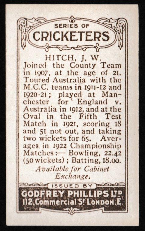 Phillips (Godfrey) - 'Cricketers (Brown) Card #18-C - J.W. Hitch (Surrey) Phillips (Godfrey) - 'Cricketers (Brown) Card #18-C - J.W. Hitch (Surrey)