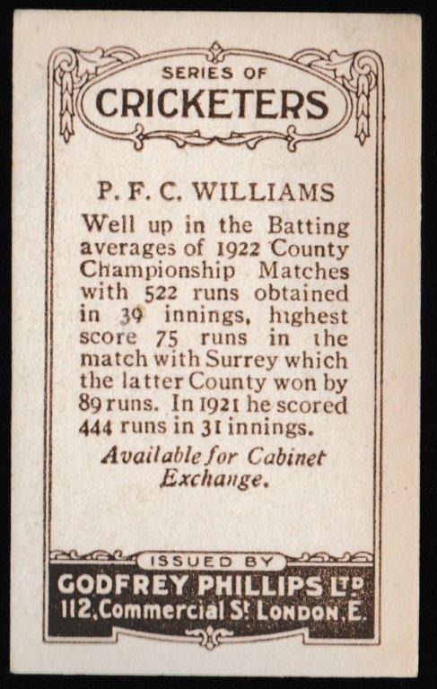 Phillips (Godfrey) - 'Cricketers (Brown) Card #214-C - P.F.C. Williams (Gloucs) Phillips (Godfrey) - 'Cricketers (Brown) Card #214-C - P.F.C. Williams (Gloucs)