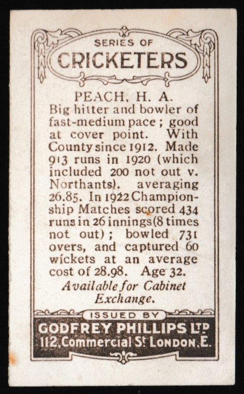 Phillips (Godfrey) - 'Cricketers (Brown) Card #22-C - A. Peach (Surrey) Phillips (Godfrey) - 'Cricketers (Brown) Card #22-C - A. Peach (Surrey)