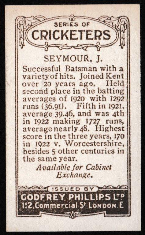Phillips (Godfrey) - 'Cricketers (Brown) Card #28-C - J. Seymour (Kent) Phillips (Godfrey) - 'Cricketers (Brown) Card #28-C - J. Seymour (Kent)