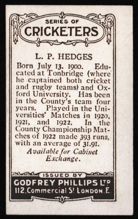 Phillips (Godfrey) - 'Cricketers (Brown) Card #31-C - L.P. Hedges (Kent) Phillips (Godfrey) - 'Cricketers (Brown) Card #31-C - L.P. Hedges (Kent)