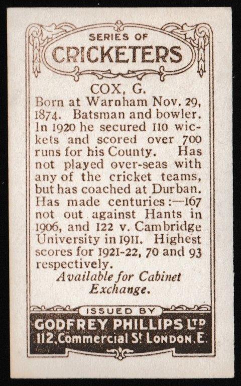 Phillips (Godfrey) - G. Cox (Sussex) - 'Cricketers (Brown)' (1924) Phillips (Godfrey) - G. Cox (Sussex) - 'Cricketers (Brown)' (1924)