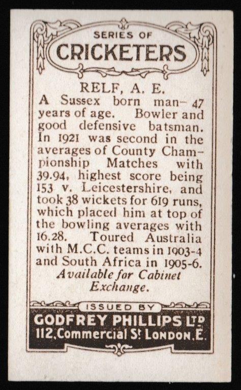 Phillips (Godfrey) - A.E. Relf (Sussex) - 'Cricketers (Brown)' (1924) Phillips (Godfrey) - A.E. Relf (Sussex) - 'Cricketers (Brown)' (1924)