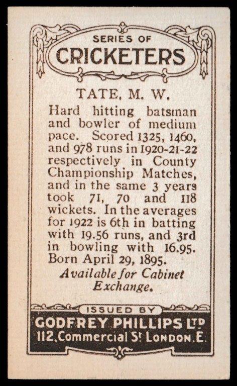 Phillips (Godfrey) - 'Cricketers (Brown) Card #82-C - Tate (Sussex) Phillips (Godfrey) - 'Cricketers (Brown) Card #82-C - Tate (Sussex)